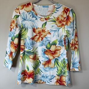 J. McLaughlin Women's Small Tropical White Blue Orange 3/4 Sleeve Catalina Cloth